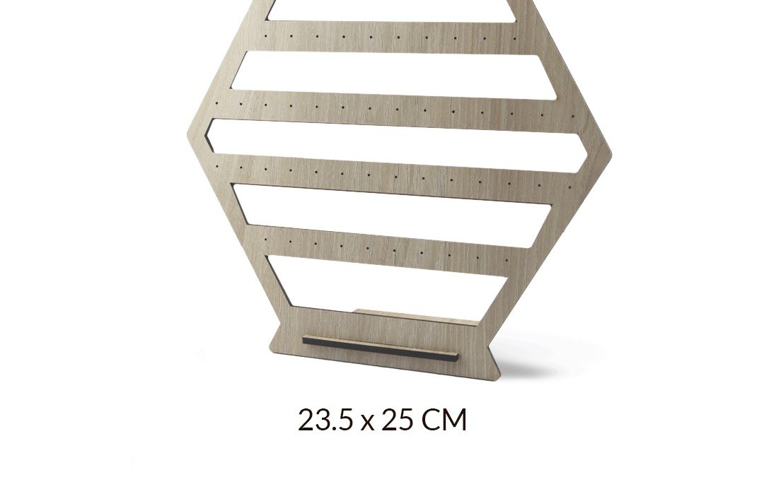 EXHIBIDOR MADERA MDF HEXAGONO PARA ARETE CINCO NIVEL 23.3 X 25 CM / x und / REF-08867