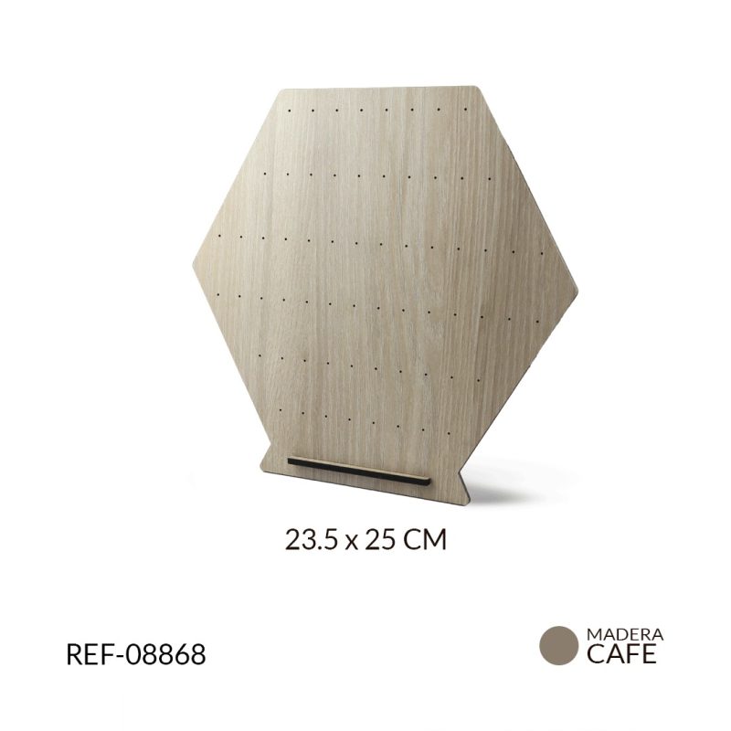 EXHIBIDOR MADERA MDF HEXAGONO PARA TOPO 23.5 X 25 CM /  x und / REF-08868