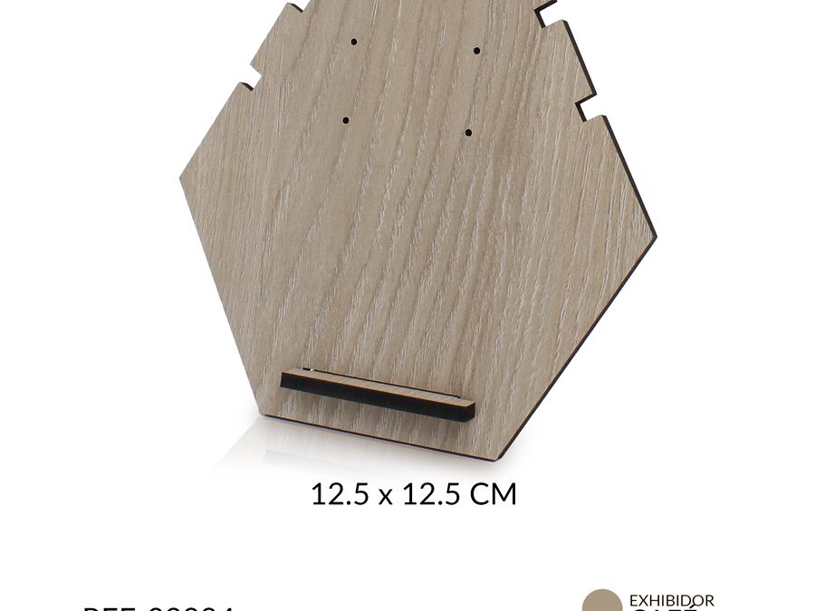 Exhibidor madera MDF hexagono para collar y topos ranuras 12.5×12.5cm / x unidad / Ref-08884 / Ref-08884