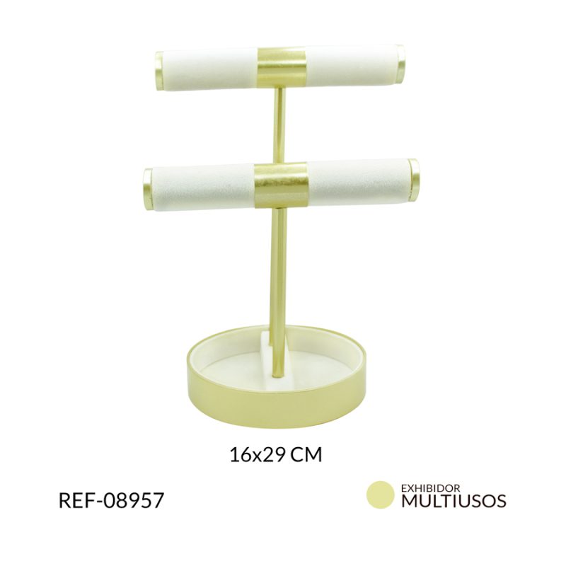 Exhibidor multiusos con base redonda color beige con dorado 16x29 cm / x unidad / ref-08957