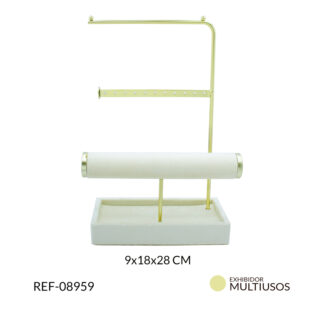 Exhibidor multiusos tubo con F base rectangular color beige con dorado 9×18×28 cm / x unidad / ref-08959