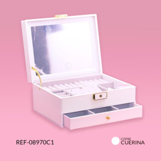 Cofre cuerina blanca multiusos con espejo luz LED 23x18x11CM / Ref-08970C1 / Ref-08970C1