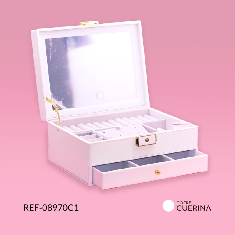 Cofre cuerina blanca multiusos con espejo luz LED 23x18x11CM / Ref-08970C1 / Ref-08970C1