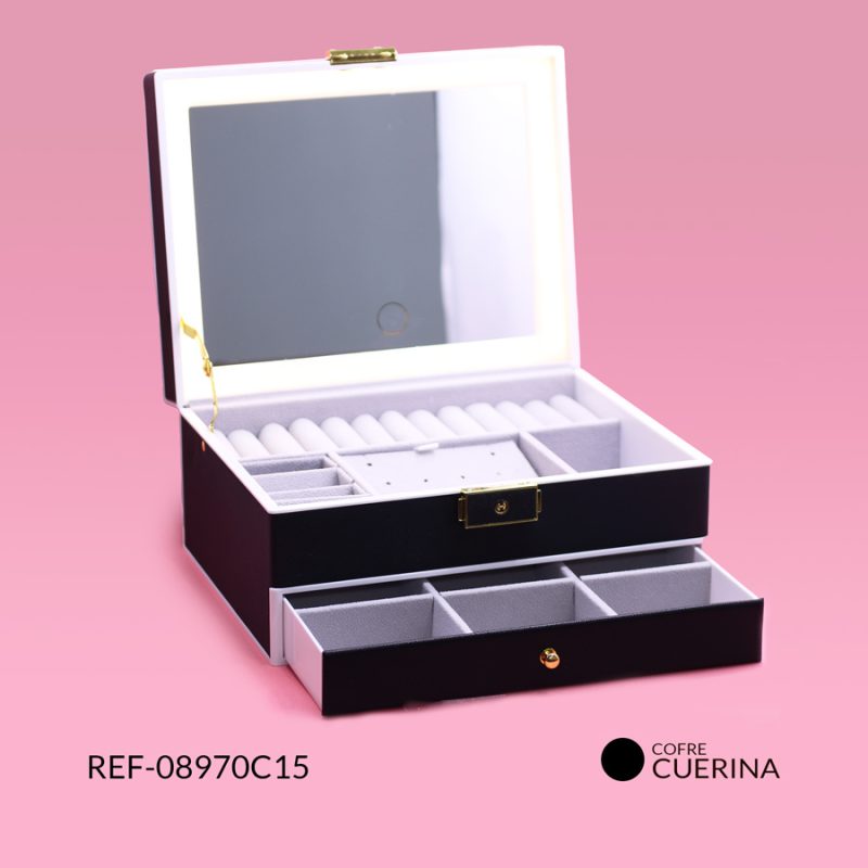 Cofre cuerina negra multiusos con espejo luz LED 23x18x11CM / Ref-08970C15 / Ref-08970C15