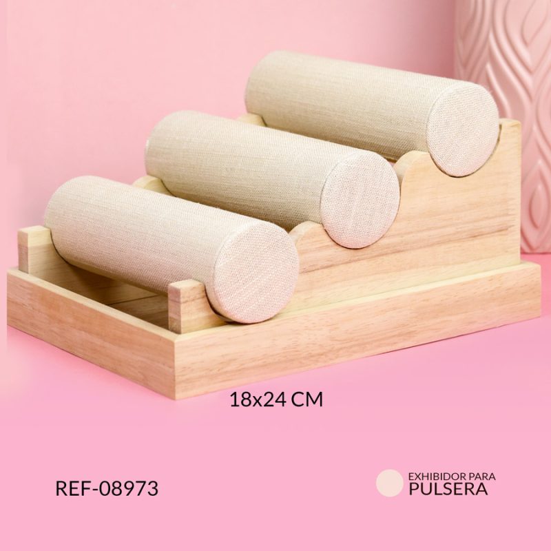 Exhibidor para pulsera base madera 3 tubos en yute 18x24cm / Ref-08973 / Ref-08973