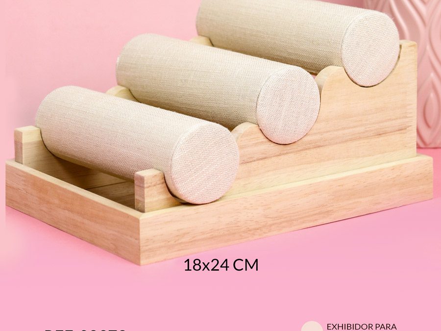 Exhibidor para pulsera base madera 3 tubos en yute 18x24cm / Ref-08973 / Ref-08973