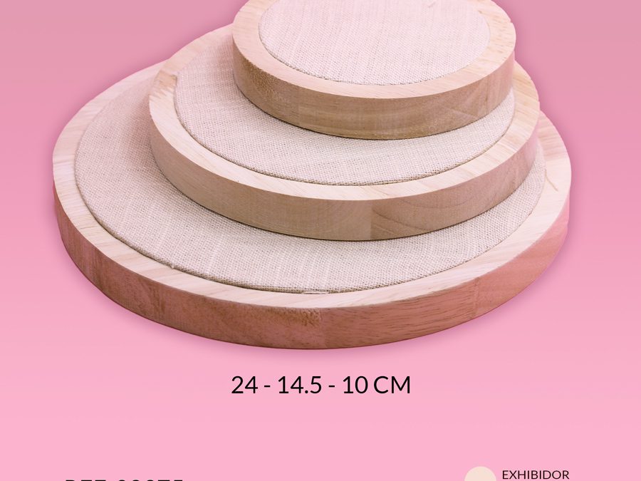 Exhibidor trio base redonda en madera y yute 24cm 15.5cm 10cm / Ref-08975 / Ref-08975