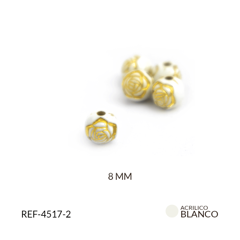 BOLA ACRILICO BLANCA ROSA MISTICA DORADA 8MM / paquete x 20 grm / REF-4517-2