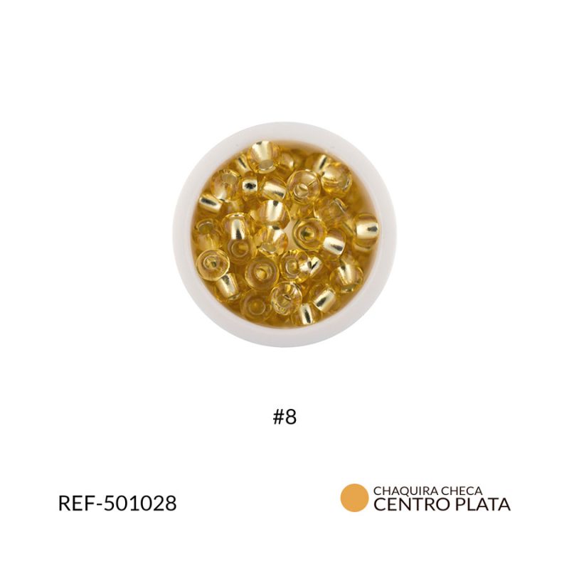 Mostacilla checa centro en plata dorado #8 paquete x25 gramos