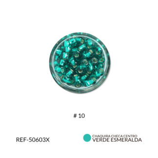 Mostacilla checa centro plata verde esmeralda #10 x 25gramos