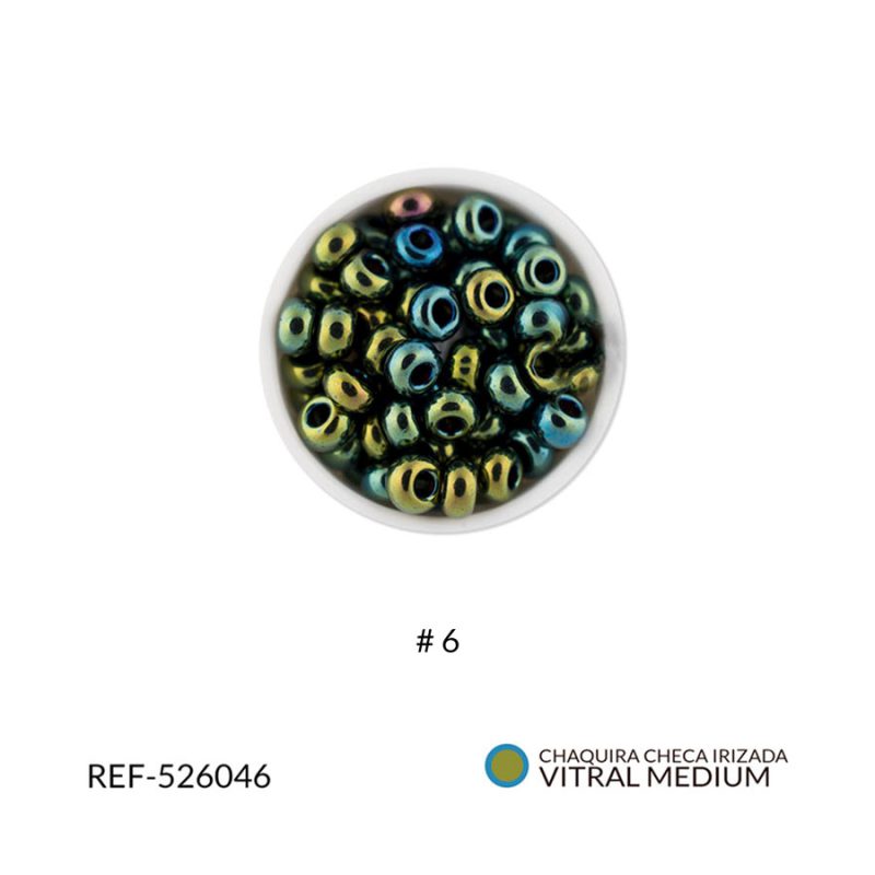Chaquira checa color irisado vitral medium #6 / paquete x 25 gramos / Ref-526046P