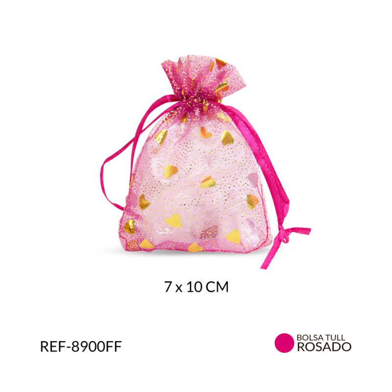 BOLSA TUL ESTAMPADO CORAZONES  FUCSIA F. 7X10CM / x UND / Ref-8900FF