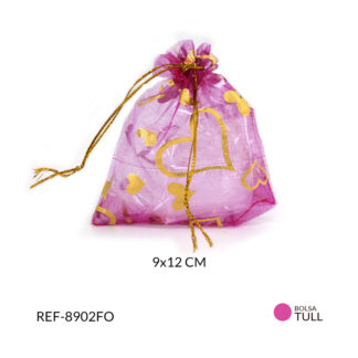 Bolsa Tull fucsia oscura estampado corazones dorados 9 x 12 cm / paquete x 6 unidades / Ref-8902FO
