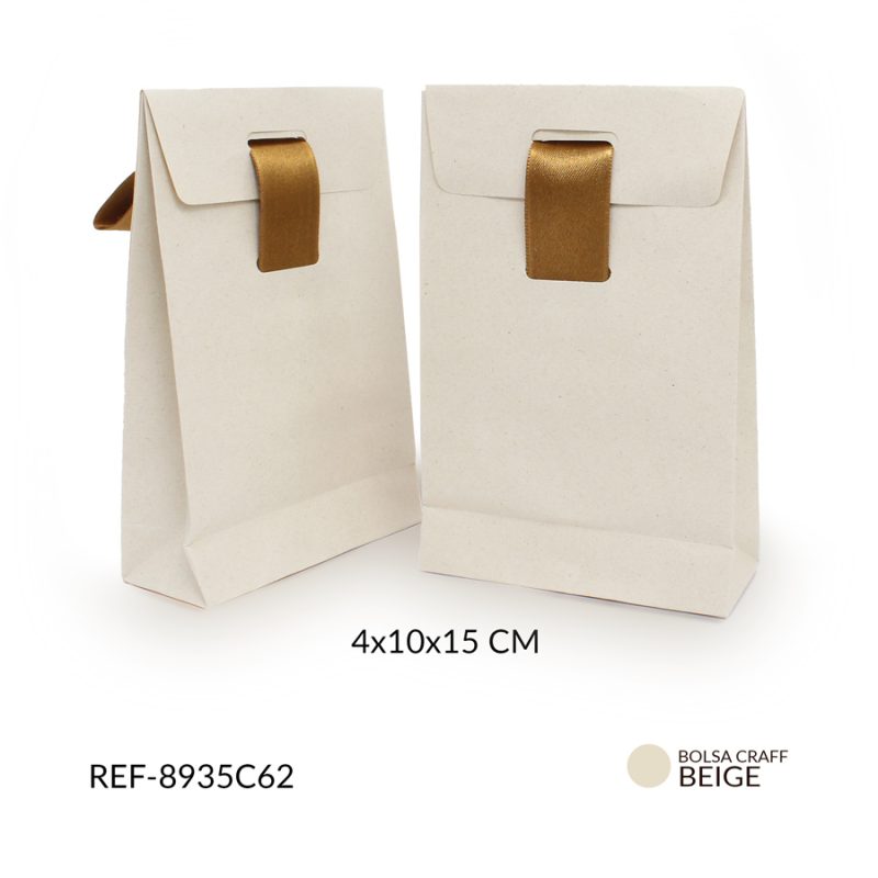 BOLSA PAPEL KRAFT BEIGE SIN ESTAMPADO CINTA OCRE 4X10X15 CM / x UND / Ref-8935C62
