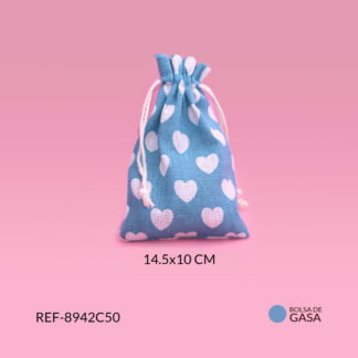Bolsa de tela algodón azul corazones blancos 14.5x10mm / x unidad / Ref-8942C50 / Ref-8942C50