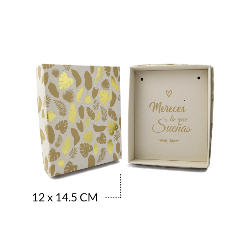 Caja regalo beige estampada hojas 12 x 14.5 cm / x unidad / REF-8989-4