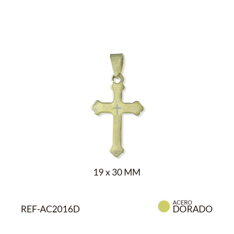 Dije cruz estampado padre nuestro en acero 19 x 30 mm / x unidad / Ref-AC2016D