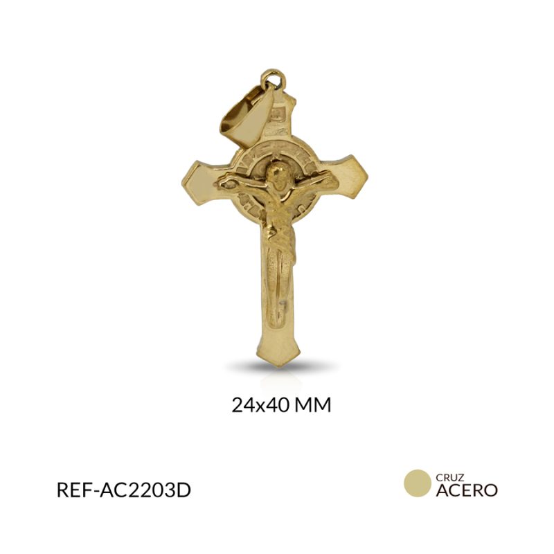 Cruz acero cristo relieve san Benito fundido color dorado 40x24 mm / x unidad / Ref-AC2203D
