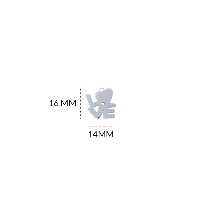 DIJE EN ACERO LOVE 16 X 14MM / color niquelado / X UNIDAD / REF-AD0238N / REF-AD0238N