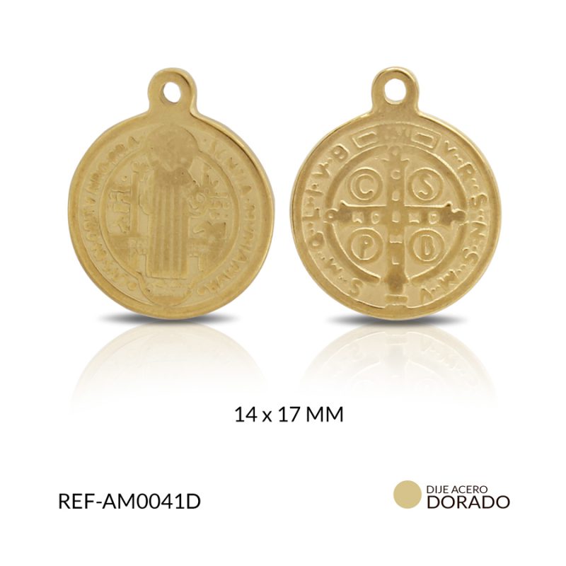 Medalla acero dorado san benito fundida 14 x 17 mm / x unidad / Ref-AM0041D