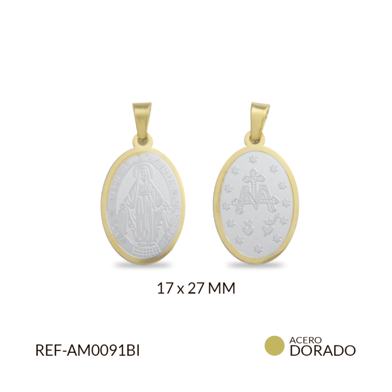 MEDALLA ACERO GRABADA VIRGEN MILAGROSA / 27 X 17MM / color dorado / POR UNIDAD / REF-AM0091BI / REF-AM0091BI