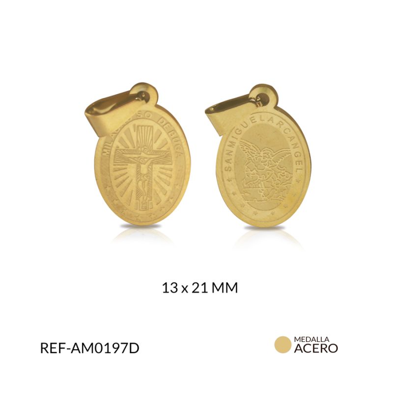 Medalla acero San Miguel Arcangel + Milagroso de Buga grabado 13 x 21 mm / x und / Ref-AM0197D