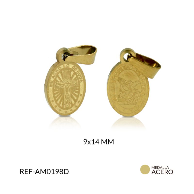 Medalla acero dorado san miguel arcangel + Milagroso de buga grabado 9 x 14 mm / x und / Ref-AM0198D