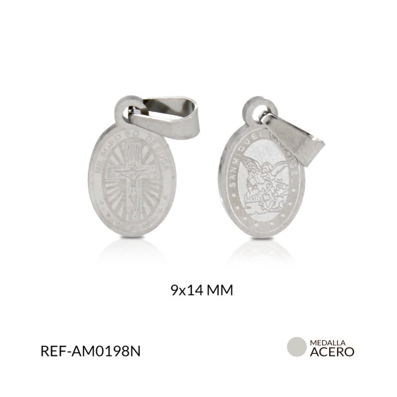 Medalla acero san miguel arcangel + milagrosa de buga grabada 9 x 14 mm / x und / Ref-AM0198N