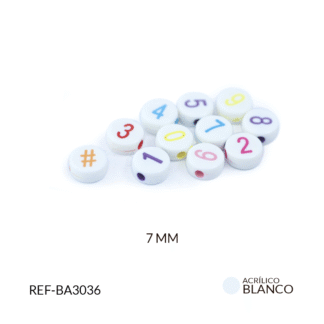 Separador acrílico plano blanco números mixtos 7mm paquete x20 gramos