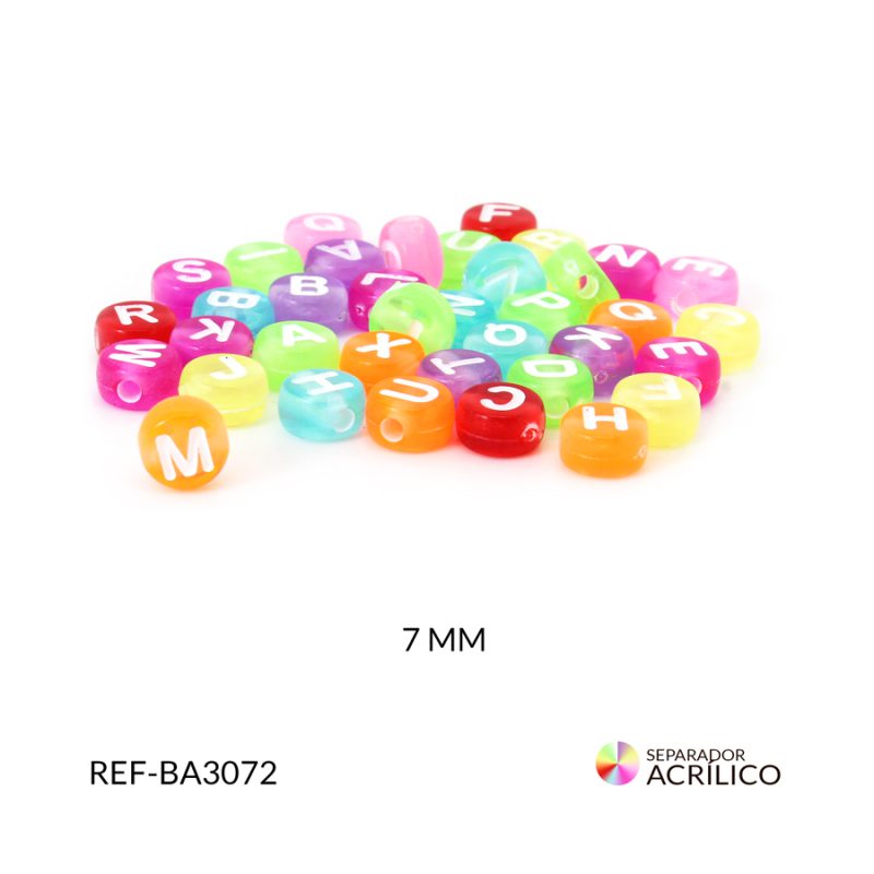 SEPARADOR ACRILICO TRANSPARENTE LETRAS MIXTAS REDONDAS 7MM / paquete x 10 grms / REF-BA3072