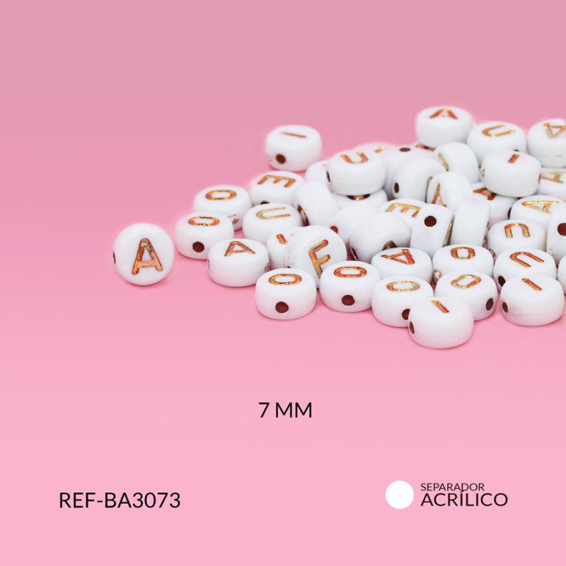 Separador acrílico blanco vocales doradas 7mm paquete x 10 gramos
