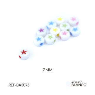 Separador acrílico redondo 7mm plano blanco estrellas colores paquete x10 gramos