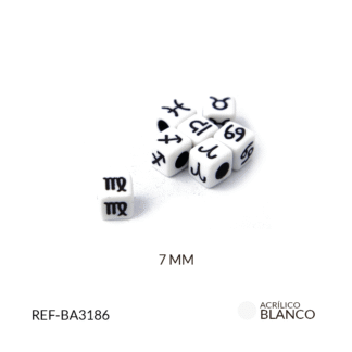Separador acrílico cubo blanco signo zodiacal negro 7mm paquete x20 gramos