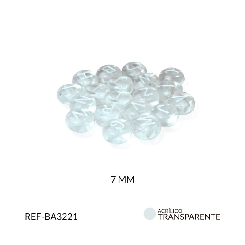 Separador acrílico redondo plano transparente letras blancas 7mm / paquete x 10 gramos / Ref-BA3221