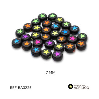 Separador acrílico redondo plano negro estrellas neón mixto 7mm paquete x10 gramos