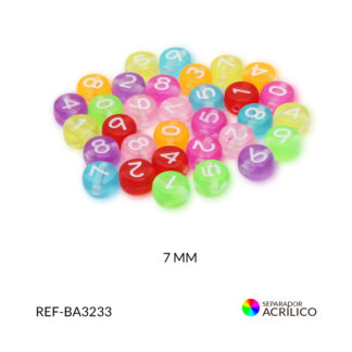 Separador acrílico redondo plano traslucido mixto números blancos, 7mm paquete x10 gramos