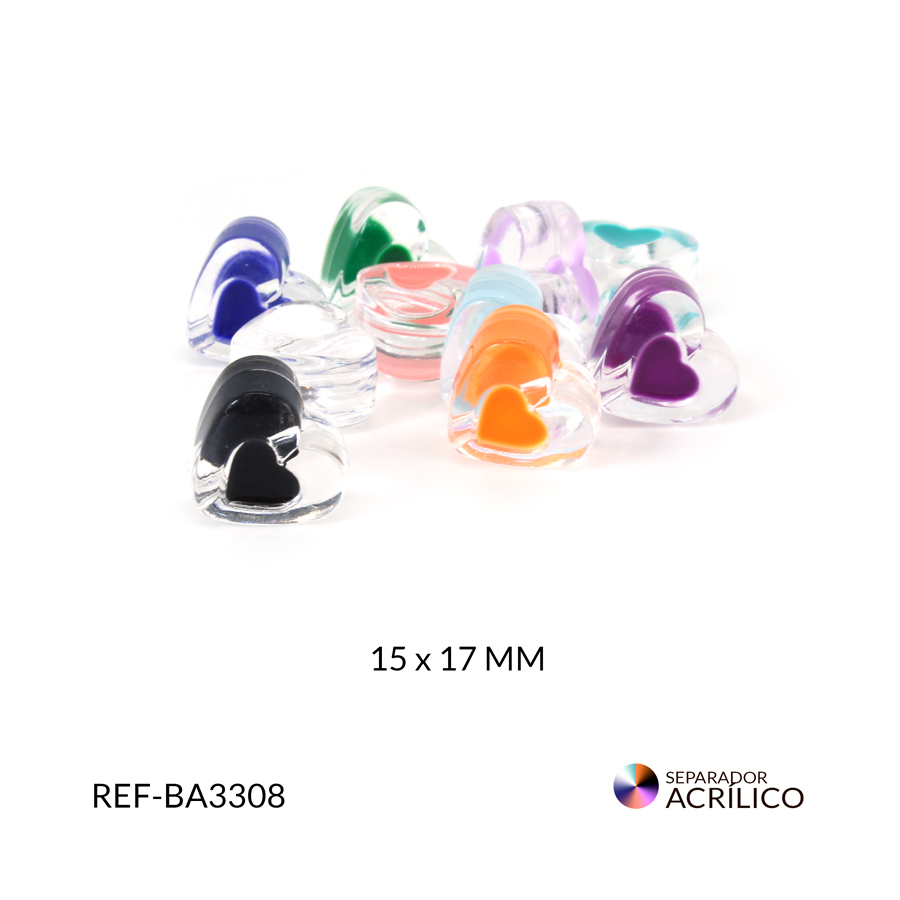 Separador acrílico corazon cristal colores mixtos 15x17 mm paquete x 10 gramos