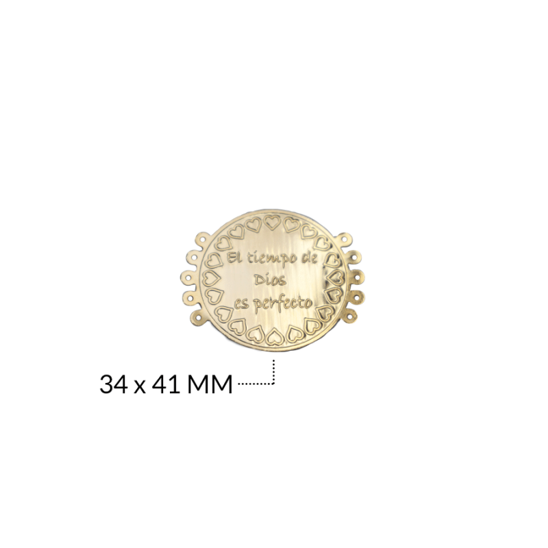 CENTRO PULSERA BRONCE CIRCULO CORAZON FRASE (el tiempo de Dios es perfecto) 5 HUECOS 34 X41 MM / color dorado / X UNIDAD / REF-BC0064D / REF-BC0064D