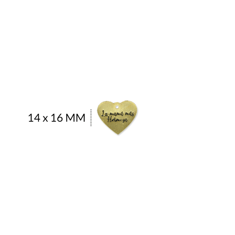 DIJE BRONCE CORAZÓN FRASE LA MAMÁ MAS HERMOSA 14 x 16 MM / color dorado / X UND / REF-BD0080D / REF-BD0080D
