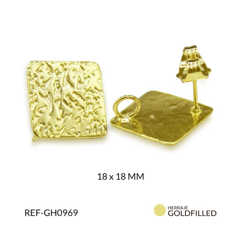 Herraje goldfilled para arete rombo grabado 18 x 18 mm / x par / Ref-GH0969