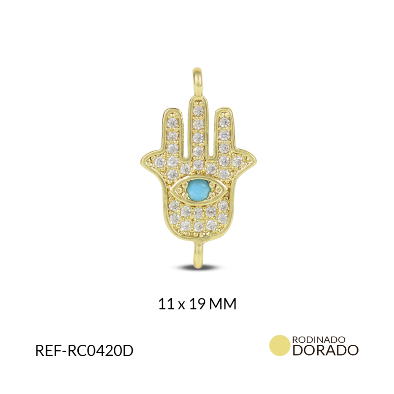 CENTRO PULSERA RODINADO MANO HAMSA CIRCON BLANCO/ OJO TURQUESA 19X11 MM / X UND / REF-RC0420D
