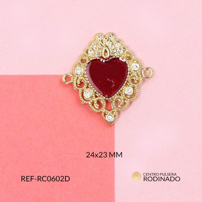 Centro pulsera rodinado corazón resina roja
