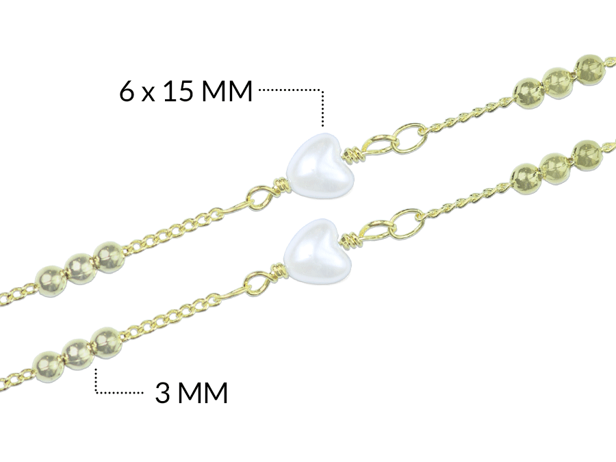 Cadena Covergold corazon perla 6 x 15 mm Balin 3 mm color dorado / x 50 centimetros / REF-RC6051D