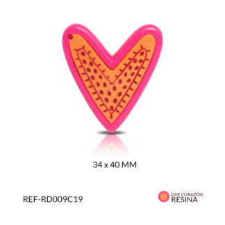Dije resina corazón fucsia centro naranja 34x40mm