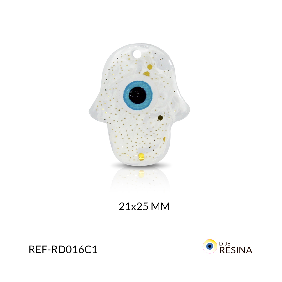 Dije en resina ojo turco mano hamsa blanco traslucido 21 x 25 mm / x und / ref-RD016C1