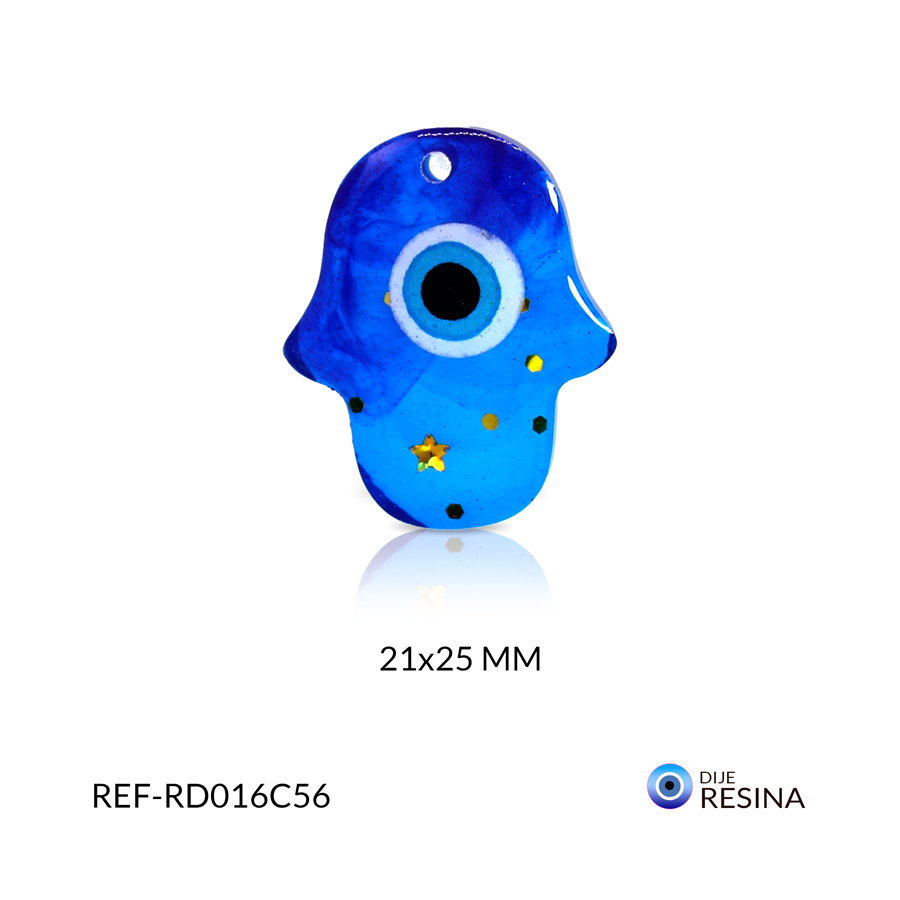 Dije en resina ojo turco mano hamsa azul traslucido 21 x 25 mm / x und / ref-RD016C56