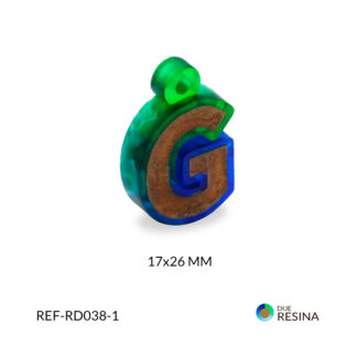 Dije en resina Letra G dorado contorno vitro verde, azul 14x26mm x unid