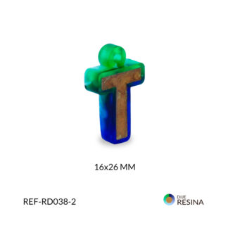 Dije resina Letra T dorado contorno vitro verde y azul 16x26mm x unid