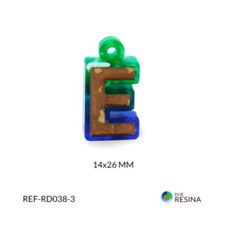 Dije resina Letra E dorado vitro fusión verde y azul 14x26mm x unid