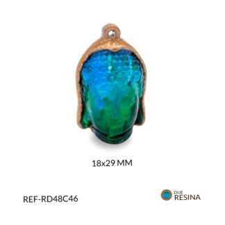 Dije resina buda vitro verde y azul borde café 18x29mm x unid